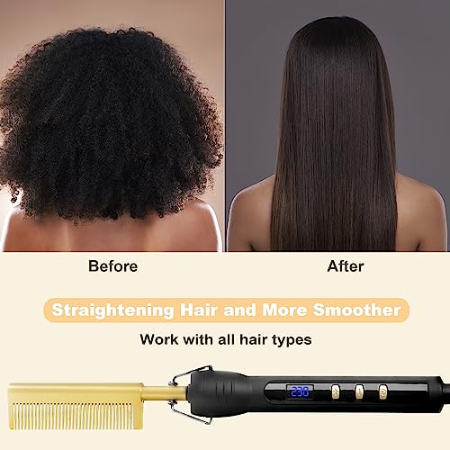 LXMTOU Electric Hot Comb Hair Straightener for Afro Hair Wigs Beard Straightening Comb Ceramic Protable Pressing Comb with LCD Display Dual Volta