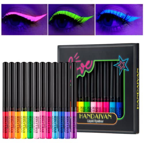 Neon Liquid Eyeliner Set, 12 Colors UV Glow Matte Eyeliner, Waterproof & Smudgeproof Long Lasting Colorful Fluorescent Body Face Paint Makeup for