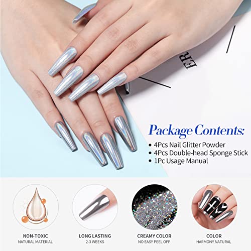 BORN PRETTY Chrome Nail Powder Holo Powder Nail Art Powder Mirror Glitter Rainbow Neon Pearl Pearl Pigment Manicure Glitter Dust 4 Boxes