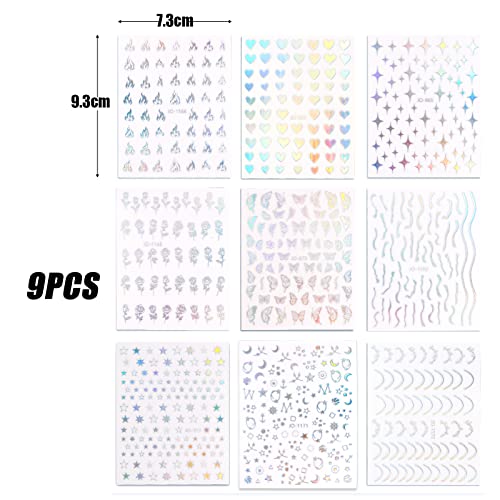 9 Sheets Holographic Nail Art Stickers Self-Adhesive Nail Decals Star Butterfly Flame Moon Flower Nail Sticker Manicure Tips DIY Nail Art Design