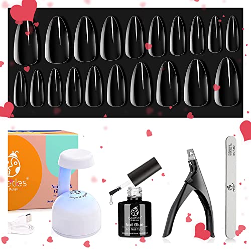 Beetles Easy Gel Tips Nail Extension Kit, 2 In 1 Nail Glue Gel Base Coat with Pre-shaped Medium Almond Nails and U V LED Nail Lamp Acrylic Nail C