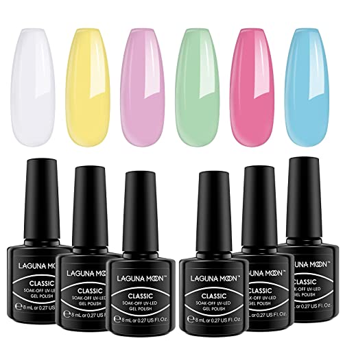 LagunaMoon™ Gel Nail Polish Set - 6 Colours Pastel Blue Pink Green Yellow White Vibrant High-Shine Kit Gel Polish for Salon Quality DIY Nails - U