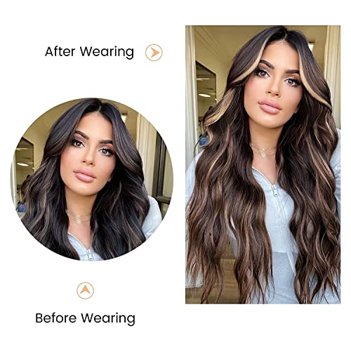 Long Brown Wavy Wig 24 Inch Highlight Wigs for Women Middle Part Curly Synthetic Hair Natural Looking Heat Resistant Fiber for Daily Party Use (B
