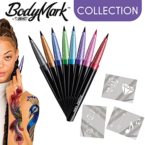 Bic BodyMark COLLECTION - Temporary Tattoo Markers, Cosmetic Quality for Use on Skin - 8 Assorted Colours and 3 Stencil Sheets - Let Your Imagina