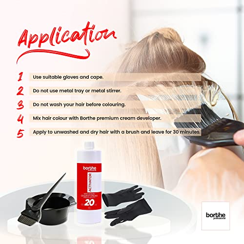 Borthe Professional Creme Hair Developer Activator Peroxide for Hair Colouring Long Lasting Colour and Grey Coverage 6% 20 Volume 1000ml
