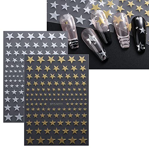 JMEOWIO 12 Sheets Moon Star Nail Art Stickers Decals Self-Adhesive Gold Silver Nail Supplies Nail Art Design Decoration Accessories
