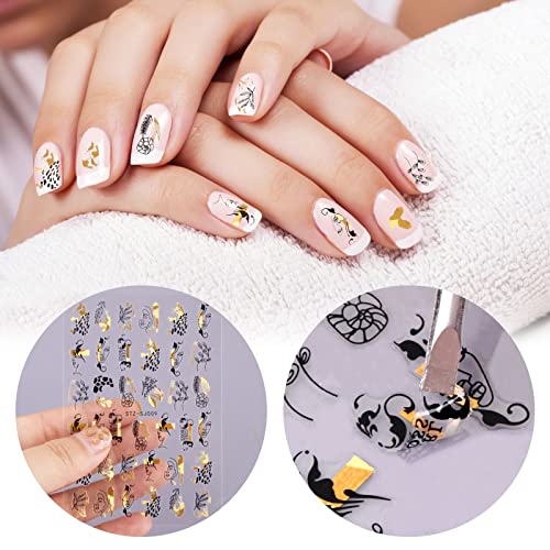 9 Sheets Black Gold Abstract Nail Art Stickers Line Plant Nail Stickers Self-Adhesive Line Leaf Flower Lady Face Leopard Print Nail Decals Sticke