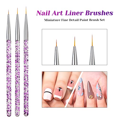 Qufiiry 3 Pcs Nail Art Liner Brushes, Miniature Fine Detail Paint Brush Set, Detailer Brush Dotting Tool for DIY Nail Art Salon and Home Use