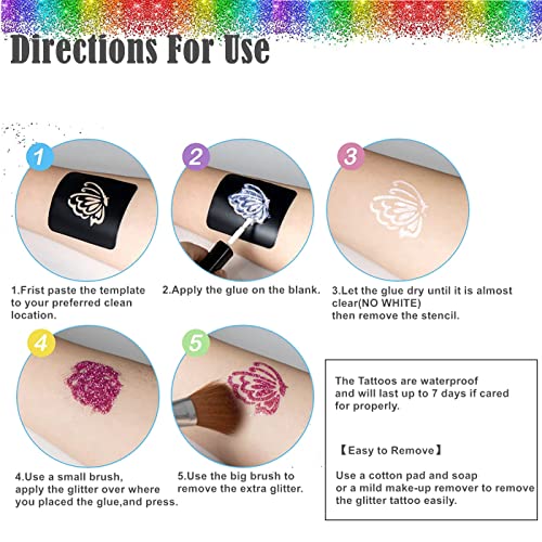 Glitter Tattoos Kit,Glitter Temporary Tattoo Set for Adult Kids,24 Colors Glitter Tattoos Kit,187 Stencils,Flash Body Nail Glitter Art Paint Make