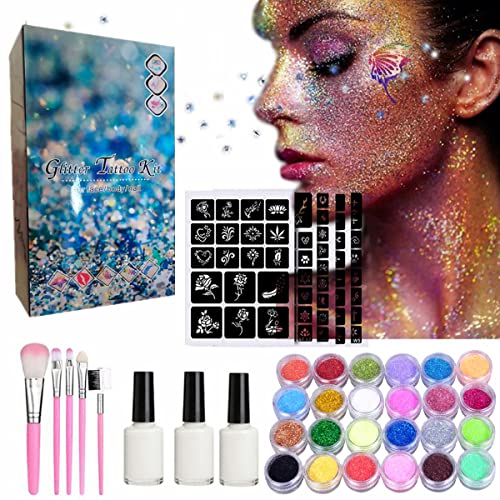 Glitter Tattoos Kit,Glitter Temporary Tattoo Set for Adult Kids,24 Colors Glitter Tattoos Kit,187 Stencils,Flash Body Nail Glitter Art Paint Make
