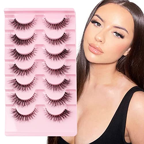 Glowingwin Cat Eye Lashes Natural Look Russian Eyelashes D Curl Russian Strip Lashes Wispy Fluffy 3D Faux Mink Lashes Hybrid Strip Lashes 10 Pair