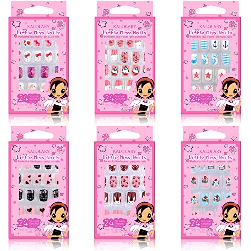 Kalolary 144 PCS 6 Pack Stick on Nails for Kids, Children Nails Press on Pre-glue Full Cover Candy Pattern Short False Nail Kits, Lovely Gift for