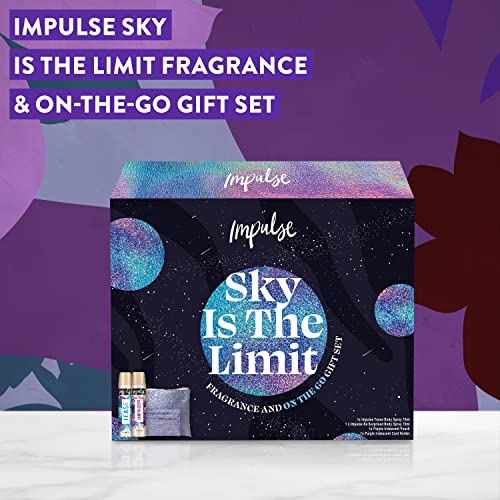 Impulse Sky Is The Limit Body Spray Fragrance & On-The-Go with a Purple Iridescent Makeup Bag and Card Holder Set for Her 2 Piece