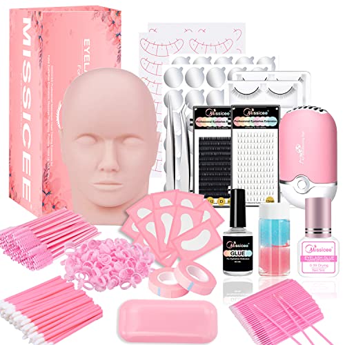 Eyelash Extension Kit, Missicee New Upgrade 328 Piece Set Lash Extension Kit with Mannequin Head 0.3s Fast Dry Glue USB Eyelash Fan Dryer Tweezer