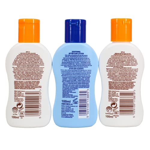 Malibu Sun Travel Essentials with Sun Cream Protection and After Sun Lotion, SPF 10 and 20, Multipack, 3 x 100ml