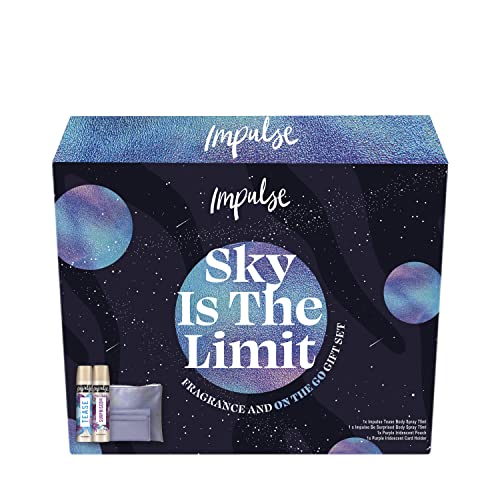 Impulse Sky Is The Limit Body Spray Fragrance & On-The-Go with a Purple Iridescent Makeup Bag and Card Holder Set for Her 2 Piece