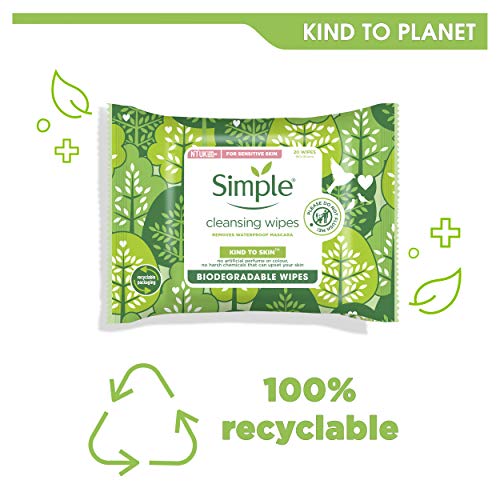 Simple Kind To Skin, Biodegradable Cleansing Make Up Remover Face Wipes For Women, Perfect for Sensitive Skin 1 Months Supply (6 Packs Of 20 Wipe