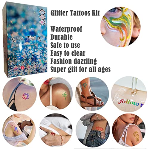 Glitter Tattoos Kit,Glitter Temporary Tattoo Set for Adult Kids,24 Colors Glitter Tattoos Kit,187 Stencils,Flash Body Nail Glitter Art Paint Make