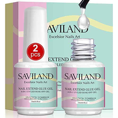Saviland 15ML Gel Nail Glue - 4 In 1 Extra Strong Nail Glue Gel for Long Lasting Acrylic Nail Tips, Brush on Nail Glue for Broken Nail Extension