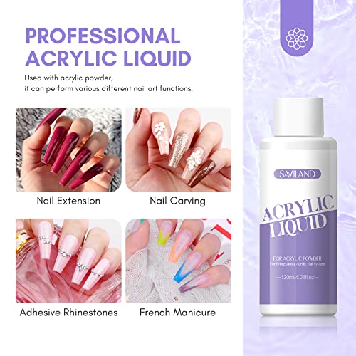 Saviland 120ml Acrylic Liquid with Acrylic Brush– Monomer for Acrylic Nails with Acrylic Nail Brush 12# MMA-Free Non-Yellowing Formula Acrylic Mo