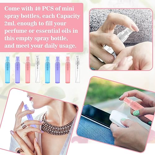 KITERI 40 Pcs Mini Spray Atomizer Empty Bottles, 2ml Mini Spray Bottle Refillable Perfume Empty Sample Bottle Sprayer Portable Mist Plastic Sampl