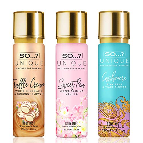 So…? Unique Womens Candy Kiss Bundle Truffle Cream, Sweet Pea, Vanilla Candy Body Mist Spray Mixed Fragrance Bundle 150ml (Pack of 3)