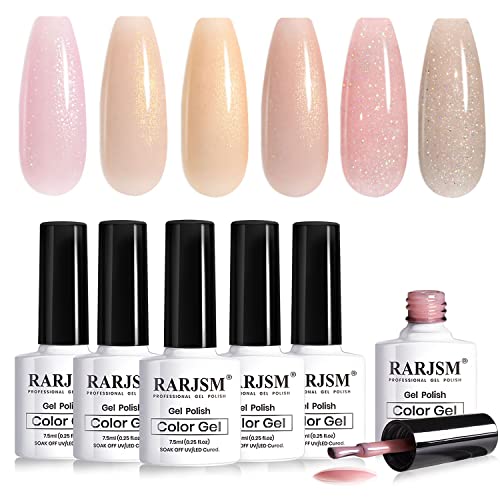 RARJSM Nude Gel Polish Set Pale Pink Milky Jelly Peach Pink Apricot Beige Champagne Brown Shimmer Holographic Glitter Iridescent Gel Nail Polish