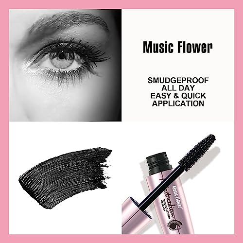 Music Flower Mascara Black Volume and Length, Waterproof Telescopic Mascara with Silicone Brush Head, Smudge Proof, Clump Free, Long Lasting Volu