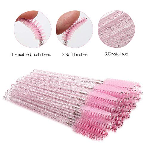 Rofitbest Disposable Crystal Eye Brush, Lash Spoolies Eyebrow Brush Pink Brush Mascara Wands, Eyelash Mascara Brushes Eye Lash Applicator Brush (