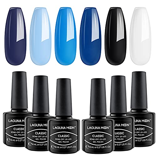 Lagunamoon Gel Nail Polishes, 6 Colors Blue Black White Gel Nail Polish Set Soak Off Long Lasting UV LED Light DIY Manicure Gel Polish Kit Salon