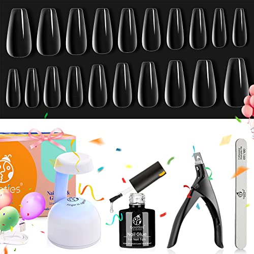 Beetles Easy Gel Tips Nail Extension Kit, 2 In 1 Nail Glue Gel Base Coat with Pre-shaped Medium Almond Nails and U V LED Nail Lamp Acrylic Nail C