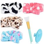 4 Pack Spa Headband,MORGLES Facial Makeup Headband Bowknot Hair Bands Cosmetic Headband Head Wraps with 1pc Face Mask Brush 1pc Silicone Face Scr