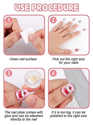 Kalolary 144 PCS 6 Pack Stick on Nails for Kids, Children Nails Press on Pre-glue Full Cover Candy Pattern Short False Nail Kits, Lovely Gift for