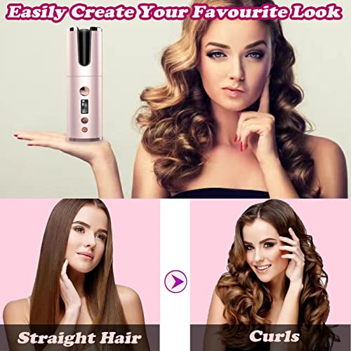 Cordless Auto Hair Curler, Portable Hair Wand Curling USB Rechargeable Anti-Tangle Fast Heat LCD Display with Temps & Timers, Auto Power-off, Ele