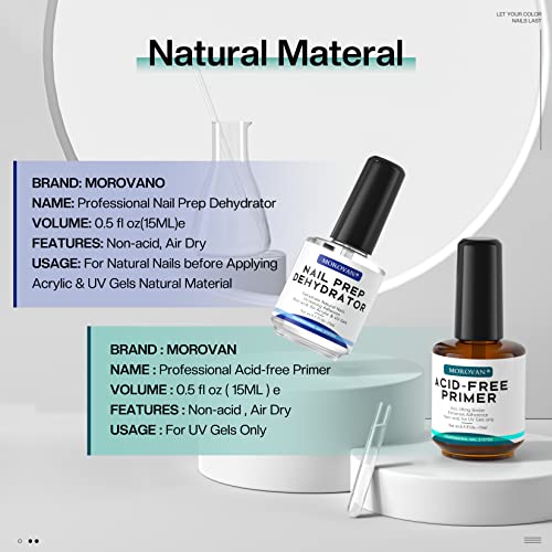 Morovan Nail Prep Dehydrator and Primer Set - Professional Natural Acid-Free Primer & Dehydrate Protein Bonding Fast Air Dry For UV Poly Gel Poli