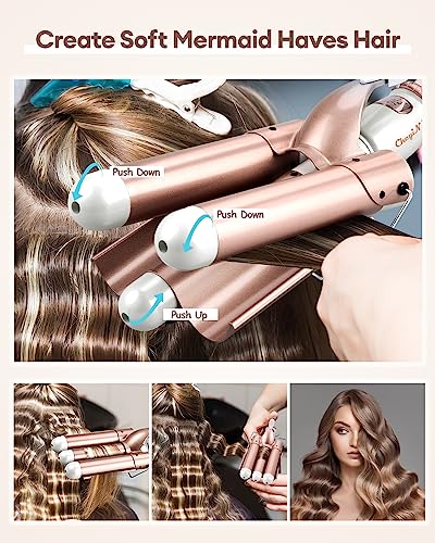 CkeyiN 3 Barrel Hair Waver, 32mm Mermaid Waver with LCD Display 16 Temperature, 30s PTC Fast Heating Waver Curling Wand for Long Short Hair, Prof