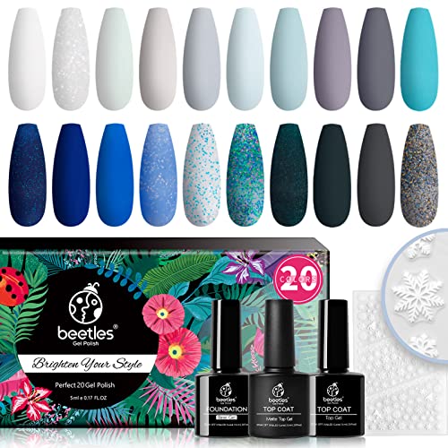 Beetles Gel Nail Polish Kit 20 Colors with 3Pcs Base Gel Glossy & Matte Top Coat Romance Rebellion, 2023 Summer Trendy Pink Red Blue Purple Glitt