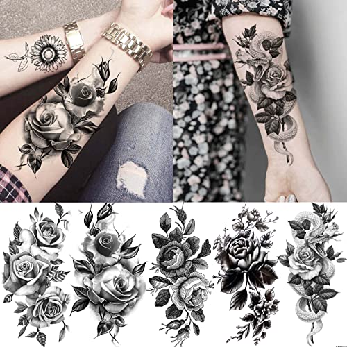 LAROI 65 Sheets Realistic Black Rose Flower Temporary Tattoos For Women, 3D Tribal Snake Floral Peony Fake Tattoo Stickers Adults, Long Lasting T