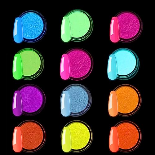 Kalolary 12 Boxes Neon Color Nail Powder Luminous Pigment Nail Powder, Acrylic Nail Powder Art Gradient Powder Rainbow Nail Glitter for DIY Nail