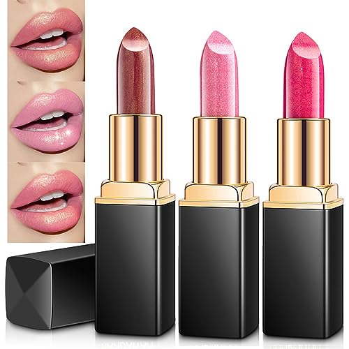 Colour Changing Lipstick, Glitter Shimmer Lipsticks Non-Stick Cup Pink Lipstick, Moisturizing Full Colour Hydrating Lip Stick Metallic Pearlescen