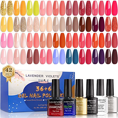 Lavender Violets 36+6 Pcs Gel Nail Polishes Set Neon UV LED Soak Off Varnish With Base,Glossy/Matte/Dimond/Glow-in-the-dark Top Coat Starter Kit