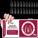 TuDou Soft Gel Full Cover Nail Tips, 240PCS Clear Coffin & Almond Gelly Tips for Soak off Nail Extensions, Long False Press on Nails with Box for