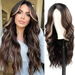 Long Brown Wavy Wig 24 Inch Highlight Wigs for Women Middle Part Curly Synthetic Hair Natural Looking Heat Resistant Fiber for Daily Party Use (B