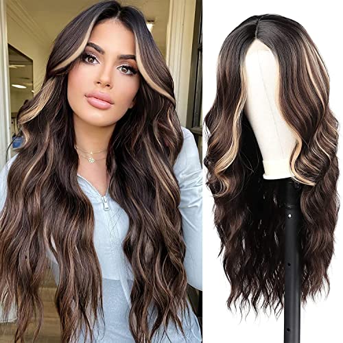 Long Brown Wavy Wig 24 Inch Highlight Wigs for Women Middle Part Curly Synthetic Hair Natural Looking Heat Resistant Fiber for Daily Party Use (B