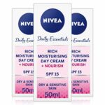 NIVEA Face Cream Rich Moisturiser for Dry & Sensitive Skin Pack of 4(4 x 50ml), Nourishing Day Cream with Shea Butter and SPF 15, Skin Care Essen