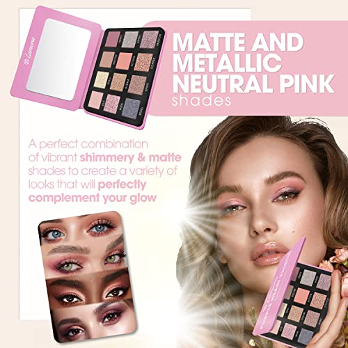 Rose Nude Pink Eyeshadow Palette - Shimmer Matte Eye Shadow Pallet With 12 Highly Pigmented Colours For Professional Everyday Make Up Looks - Tra