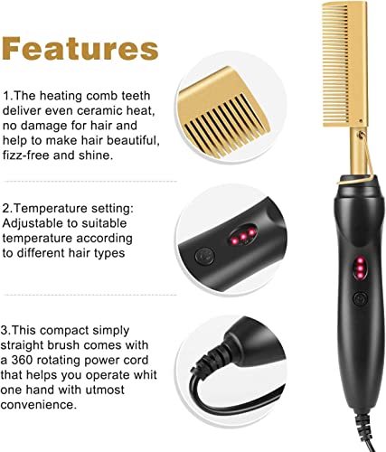 Electric Hot Comb, Hair Straightener for Wig, 3 Grades Temperature Straightening Brush for Thick Afro Hair, Beard, Hot Anti-Scald Portable Curlin