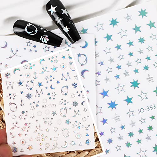 9 Sheets Holographic Nail Art Stickers Self-Adhesive Nail Decals Star Butterfly Flame Moon Flower Nail Sticker Manicure Tips DIY Nail Art Design