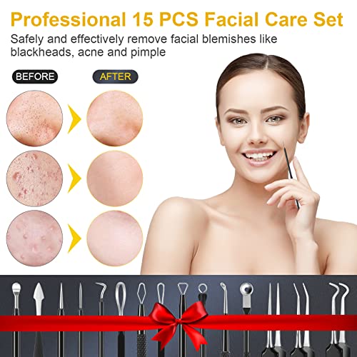 Blackhead Remover Tool Kit, IUMAKEVP 15 PCS Professional Stainless Steel Pimple Popper Comedone Extractor Tools for Removing Pimples, Blackheads,