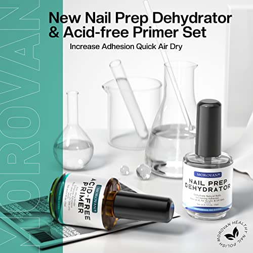 Morovan Nail Prep Dehydrator and Primer Set - Professional Natural Acid-Free Primer & Dehydrate Protein Bonding Fast Air Dry For UV Poly Gel Poli